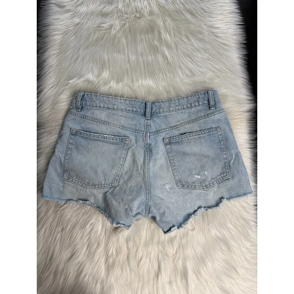 Zara Light Wash High Waisted Distressed Ripped Denim Cut Offs